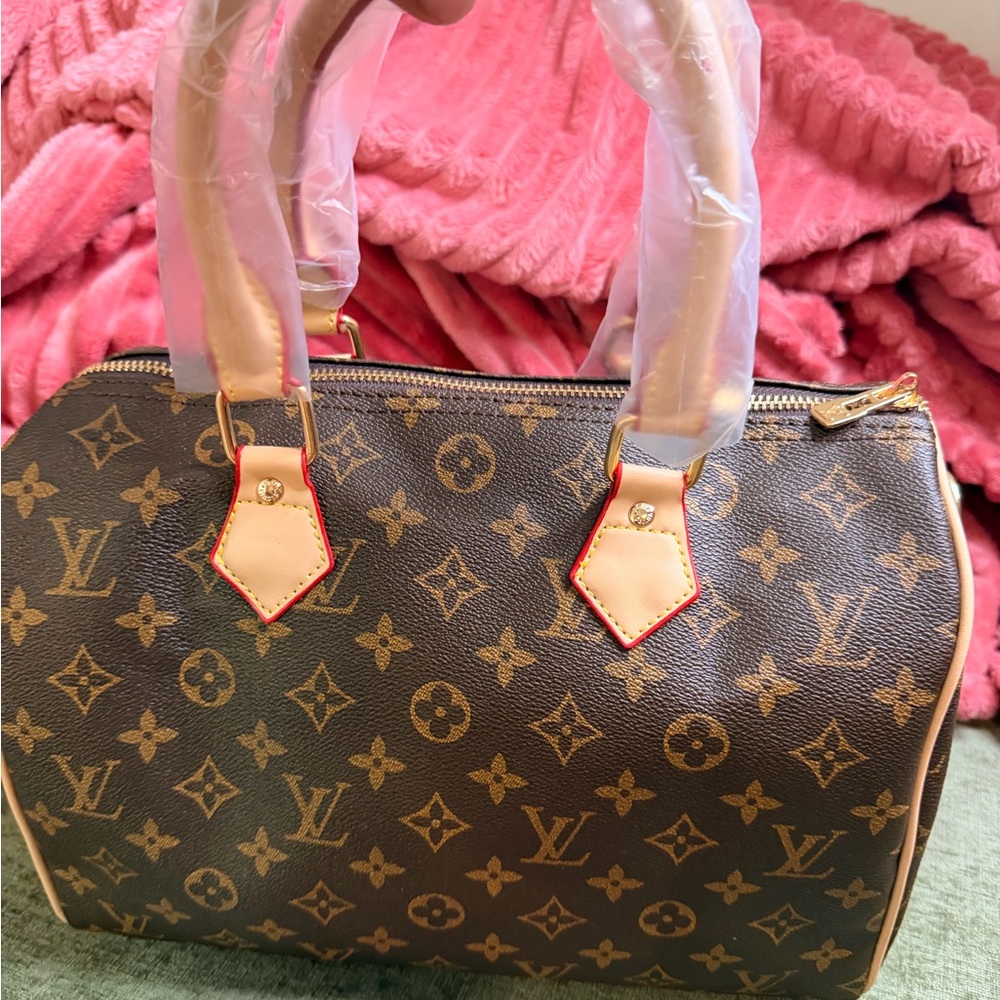 Source Unknown Brown Monogram Satchel with Tan Tr… - image 2
